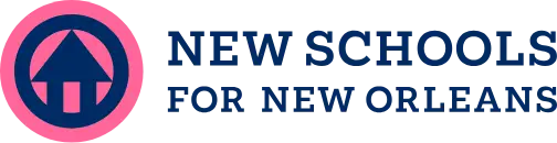 The New Schools for New Orleans logo features a pink circle with a blue upward arrow and text.