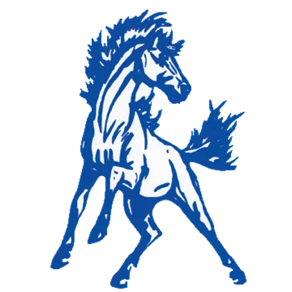A stylized blue and white mustang horse rears up, depicted as a dynamic logo.