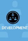 A black icon shows three connected people over the word DEVELOPMENT on a blue background.