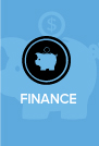 A blue graphic displays a piggy bank icon above the bold white word FINANCE.