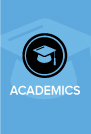 Light blue graphic featuring a graduation cap icon and the word ACADEMICS.