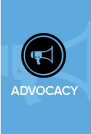 A blue graphic displays a black megaphone icon above the white word ADVOCACY.