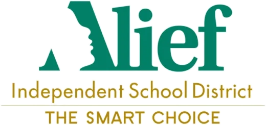 Alief Independent School District logo features teal text, a mountain 'A', and a