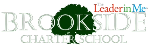 Logo for Brookside Charter School featuring a green tree and "Leader in Me" text.