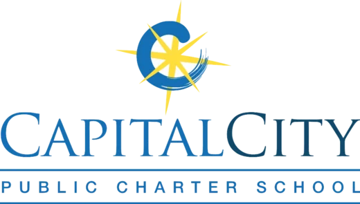 Capital City Public Charter School logo featuring a blue 'C' with a yellow starburst