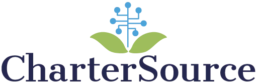 Pixelated CharterSource logo featuring a blue flower with green leaves above dark blue text.