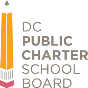 DC Public Charter School Board logo with a pixelated orange and gray pencil.