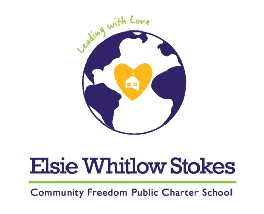 Elsie Whitlow Stokes school logo featuring a globe, heart, schoolhouse, and
