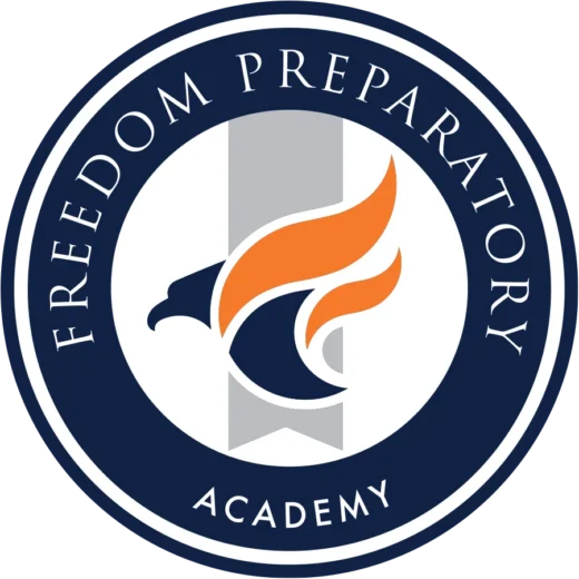 Freedom Preparatory Academy logo featuring a blue eagle head with an orange flame on a gray banner
