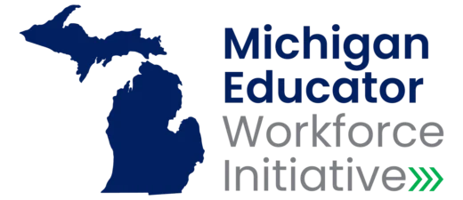 Logo for the Michigan Educator Workforce Initiative featuring a dark blue map of the state.