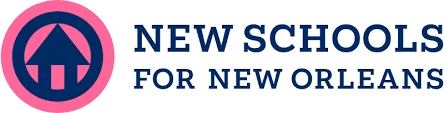 The New Schools for New Orleans logo features a dark blue house icon within a pink circle, next to the organization's name.