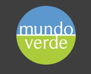 Circular logo for Mundo Verde, featuring white text on blue and green halves.