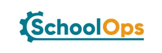 SchoolOps logo featuring a teal gear for the 'S' in School and orange