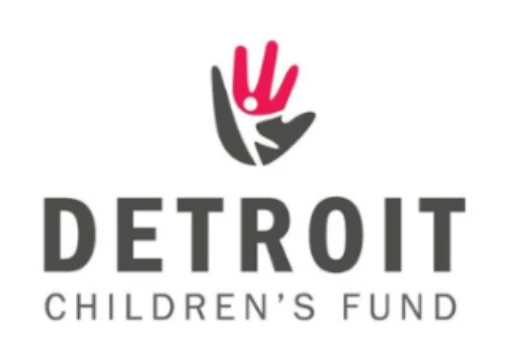 The Detroit Children's Fund logo shows a grey hand embracing a pink child figure