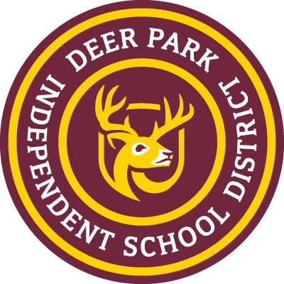 Circular logo for Deer Park Independent School District featuring a yellow deer head on a maroon background.