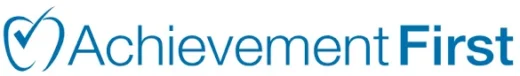Blue Achievement First logo features a checkmark inside a heart icon next to the company name