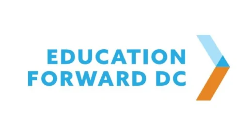 Education Forward DC logo featuring blue text and a stylized orange and light blue forward arrow.