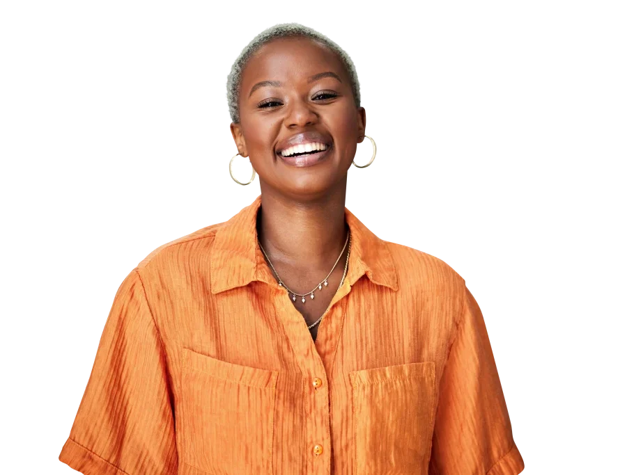 A joyful woman with short, light hair and an orange textured shirt smiles brightly. TITLE: